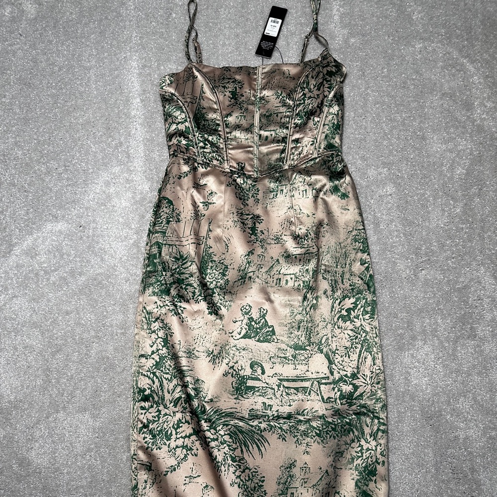 Fashion Nova Green & Cream Silk Emma Corset Midi Dress, Size XS